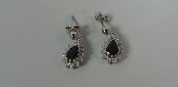 A PAIR OF PEAR-SHAPED DIAMOND & SAPPHIRE EARRINGS, 1.9gms