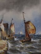THOMAS BUSH HARDY watercolour - sailing boat in squally sea with figures on a harbour wall with