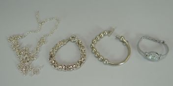 THREE VARIOUS 925 SILVER BRACELETS & A MODERN B&W WRISTWATCH