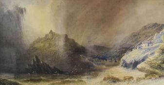 CHARLES EDWARD BRITTAN watercolour - coastal scene with settlement behind harbour wall, signed, 31 x