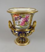 A NINETEENTH CENTURY DERBY PORCELAIN CAMPANA URN with serpent handles gilded and with cobalt blue