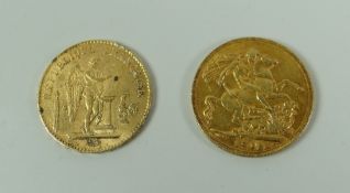 GOLD FULL SOVEREIGN DATED 1918 together with a gold twenty Franc-piece, 1877