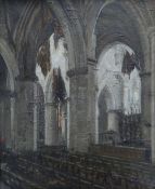 GEORGE OGILVY REID (1851-1928) oil on board - interior of a cathedral with figure, entitled verso '