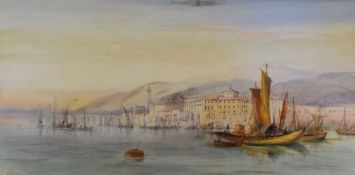 H COLVIN watercolour - continental scene with fishing boats, buildings & hills, signed, 25 x 49cms