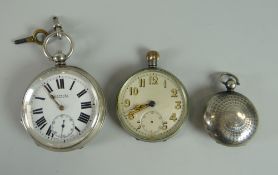 TWO SILVER POCKET WATCHES & A SILVER SOVEREIGN HOLDER