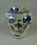 A JAPANESE IMARI POTTERY BALUSTER VASE decorated with courtier characters within a garden scene,
