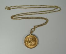 A 1965 GOLD FULL SOVEREIGN on a fine 9ct yellow gold necklace, total weight 13.8gms