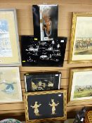 Four framed Oriental panels depicting various scenes