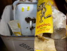 Enamel bread bin, basket of miscellaneous pottery etc