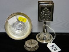 Quantity of Indian white metal including pill box, snuff box, saucer, menu holder etc
