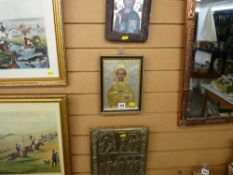 Wood panel framed icon and another religious scene in a brass surround