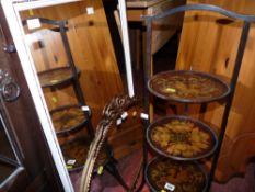 Vintage three tier cakestand with decorative inlay type trays, a two tier side table, a gilt metal