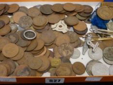 Parcel of bronze coinage, small parcel of silver, badges, medals etc
