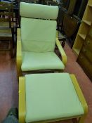 Ultra modern bentwood armchair and matching footstool with cream leather effect upholstery