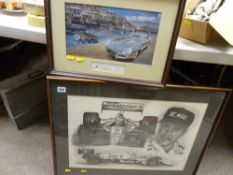 Limited edition signed print of an E-Type Jaguar and other motor sport prints