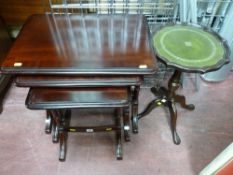 Modern set of three mahogany effect side tables and a leather topped wine table