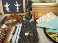 Oriental carving of lovers and another of a Geisha girl with birds