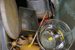 Box of kitchen metalware, vintage treen etc