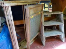Vintage wooden clothes airer, washboard and set of steps
