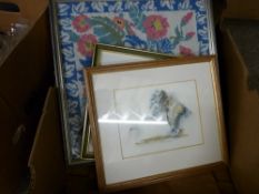 Box of mirrors, prints, tapestries etc