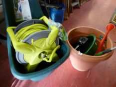 Easygo Breeze plastic trolley, plastic garden planters and a Verve 25m garden hosereel set
