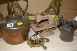 Copper kettle, miniature Singer sewing machine, cutlery, brassware etc