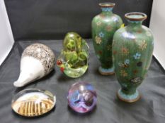 Pair of cloisonne vases and three good glass paperweights