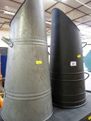 Two metal coal scuttles, one black and one galvanized