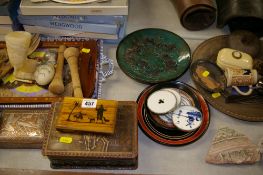 Part canteen of cutlery, another cutlery box, mauchline ware boxes, other treen ware, pottery etc