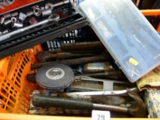 Plastic tub of hand tools, socket set and a Halfords riveter