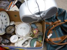 Box of household items - ghetto blaster, holdall etc
