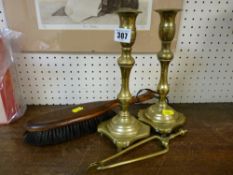 Pair of heavy brass candlesticks etc