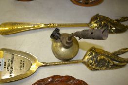 Pair of brass commemorative items for 'Harry Tuffin's Church Stoke Fun Day' and a brass lamp