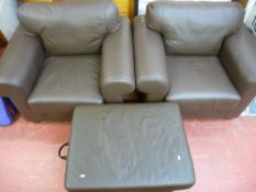 Excellent pair of modern brown leather effect armchairs and a similar box seat footstool
