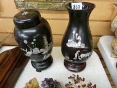 Two papier mache vases with mother of pearl vases