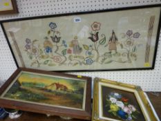 Framed silk - native scene, painting on board - farmyard scene, still life etc