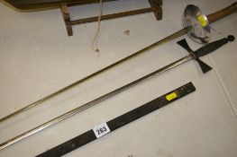 Fencing foil stamped 'Leon Paul' and another sword with scabbard