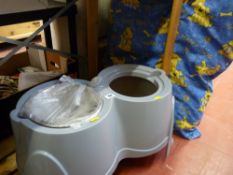 Pet food holder and a 'Happy Dog' dog basket blanket