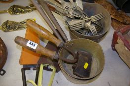 Quantity of brass pans, shearing and farming implements, cutlery etc