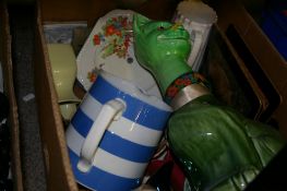 Box of mixed china and pottery including a good sized T G Green & Co blue and white jug etc