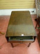 AN ANTIQUE MAHOGANY TWIN FLAP TABLE with single end drawer on square supports, 70.5 cms high, 83.5