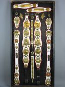 SHIRE/HEAVY HORSE BRASSWARE - a 4ft display board mounted with a twelve piece shire horse harness