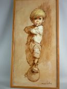 BARRY LEIGHTON JONES mixed media on board - urchin boy with football, titled 'The Striker', signed