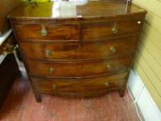 A GEORGIAN MAHOGANY BOW FRONT CHEST of two short over three long drawers, pine lined with circular