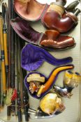 FIVE LARGE CARVED MEERSCHAUM PIPES, three cased including an excellent carved head with straw hat
