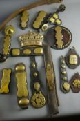 SHIRE/HEAVY HORSE BRASSWARE including hames and nameplates, decorative strap work and interesting