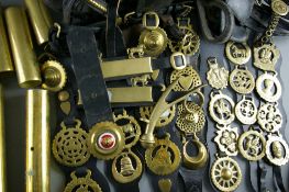 A SELECTION OF SHIRE/HEAVY HORSE BRASSWARE and leather tack including eight martingales, one being a