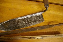 A HAND SCYTHE, A SLATE LIFTER and a vintage architect's level/square