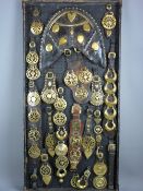 SHIRE/HEAVY HORSE BRASSWARE - a 4ft display board mounted with early Victorian and later brass
