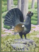 ANTHONY SMITH watercolour - a calling ptarmigan standing on a tree stump in a woodland, signed and